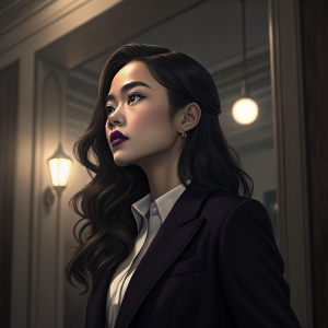 Serious young Asian woman in black blazer and purple lipstick, posing in a dimly lit room with soft lighting. She has long dark wavy hair and a focused gaze.