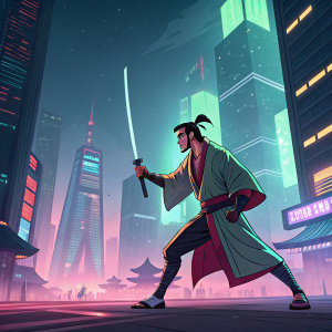 Samurai Jack, vibrant colors, dynamic pose. Futuristic cityscape background, digital art style.