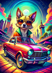   ultra detailed  convertible vintage car in San Francisco . , driving a cartoon character angry fox chihuahua dog  with sunglases,background, style pop art, , style watecolor, black background,ready for print t-shirt, style art fabric, without horse, full body
