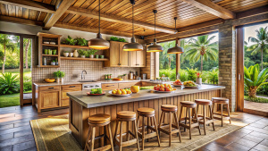 Central kitchen island with bar stools in a Balinese-style kitchen, set for a casual breakfast with coffee cups and tropical fruits.