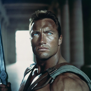 Close-up portrait of Dwayne Johnson. Action hero pose, intense look.