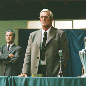 Marcello Lippi, with a stern look, at the UEFA Champions League Final press conference. Blue backdrop