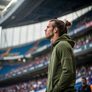 Gareth Bale, dressed casually in a green hoodie, standing in a stadium with blurred spectators in the background.