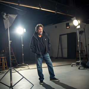 Al Pacino, wearing a dark hoodie and jeans, posing on the set. Bright studio lights create stark shadows