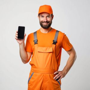 A cute plumber without a beard of Slavic appearance in an orange jumpsuit, shows the phone to the lens