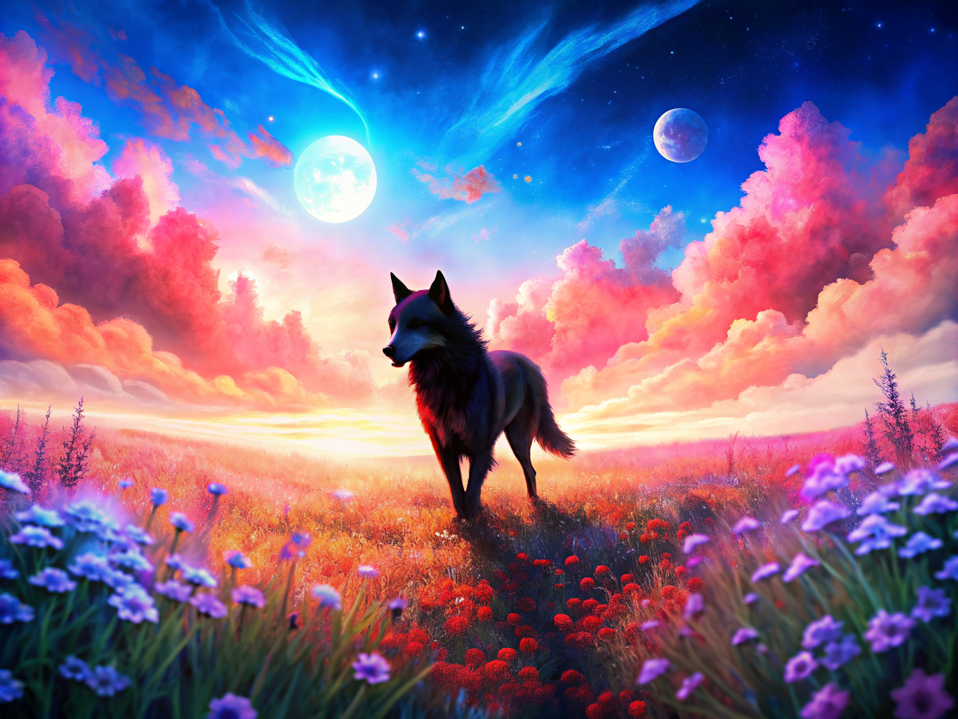 A black wolf walks through endless fields of flowers. and the sky is blue with pink clouds
