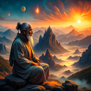 Chinese old man listening to music on top of a mountain with a majestic landscape