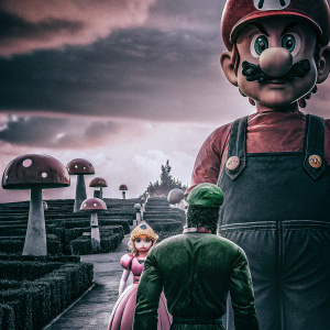 Promotional art for Super Mario Bros. game featuring Mario, Luigi, Princess Peach, Bowser. Background showcases Mushroom Kingdom landscape.