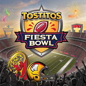 A promotional layout for the Tostitos Fiesta Bowl featuring vibrant logos and engaging multimedia elements.