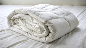 White folded duvet lying on white bed background. 