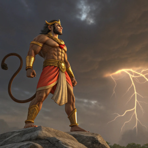 A 3D rendering of Hanuman Ji, a muscular figure from Hindu lore, standing in a heroic pose. Wearing traditional Indian attire and golden accessories. Dynamic tail curled to the side. Dark, moody sky background with lightning.