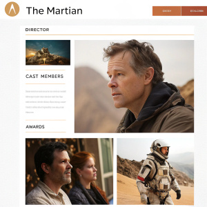 Website screenshot featuring 'The Martian' movie details. Includes director information, cast list, and award highlights.