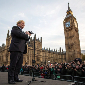 Boris Johnson standing in front of the UK Parliament, addressing a large crowd of reporters. Dark suit, confident pose.