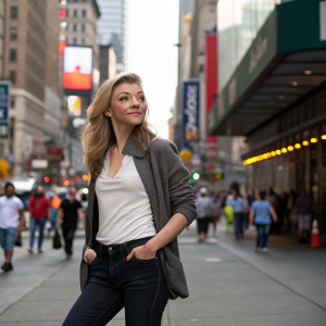 Natalie Dormer, posing confidently on a busy city street. Dressed in casual wear. Background is bustling cityscape.
