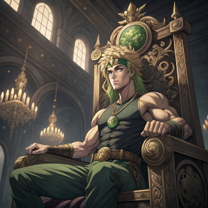 Illustration of Dio from JoJo's Bizarre Adventure, sitting on an ornate throne with intricate carvings and gold trimmings. Dio sports a muscular physique, fair skin, and a striking green emblem in his hair. He is dressed in a tight, sleeveless top and a green belt adorned with a skull-like pendant. The background features a grand, darkly lit room with high ceilings and decorative chandeliers.