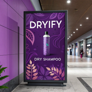 Digital poster for Dryify Dry Shampoo. Vibrant purple theme. Artistic illustration of product. Brand name 'Dryify' prominently displayed. Contact info included.
