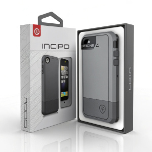 Gray and sleek packaging for Incipio iPhone 4 case. Detailed product info, design preview, and feature highlights.