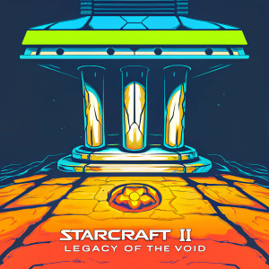 Digital 3D rendering of an advanced Protoss structure from StarCraft II: Legacy of the Void. The background is dark, highlighting the intricate patterns and futuristic aesthetic of the design. StarCraft II logo visible at the bottom.