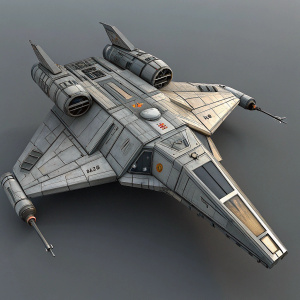 Digital 3D rendering of a HammerHead gunship from Star Wars: The Old Republic. Dominated by gray polygonal shapes, detailed and sleek design.