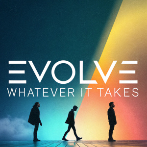 Digital album cover for Imagine Dragons' 'Evolve: Whatever It Takes'. Modern and artistic design featuring a gradient of colors from dark blue at top to warm yellow at bottom. Stylized text in contemporary font. Abstract shapes create a visually striking appearance with cool and warm tones blending seamlessly.