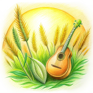 icon style, realystic, grass below and above, old etnical musical instrument, sun