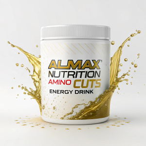 A sleek, white container showcasing ALLMAX Nutrition Amino Cuts Energy Drink. Golden liquid splash highlights the product. Brand name and details prominently featured on the label.