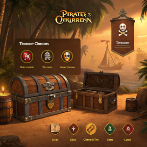 Screenshot from 'Pirates of the Caribbean' video game. Warm golden-brown hues dominate the interface. Various branding and packaging elements featured.