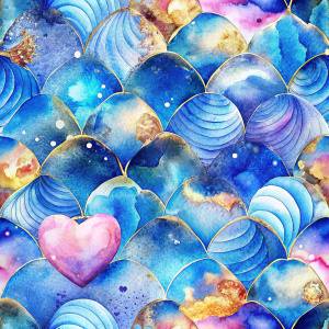 Seamless pattern of Seigaiha mini bubble gum of the heart, alcohol ink, blue and gold expect this magic 