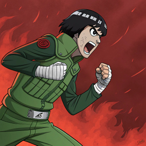 Illustration of Rock Lee from Naruto. Muscular build, determined and aggressive stance, green outfit, and fierce expression. Set against a fiery red background. Dynamic and expressive style conveys intense emotion and energy.