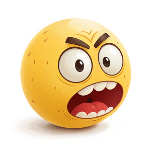 A cartoonish yellow emoji with an exaggerated angry face, large eyes, and a gaping mouth. Simple, clean white canvas background.
