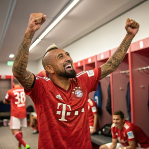 Arturo Vidal, soccer star, celebrating at the locker room. Wearing a red jersey with sponsor logos, big smile, and raised arms.