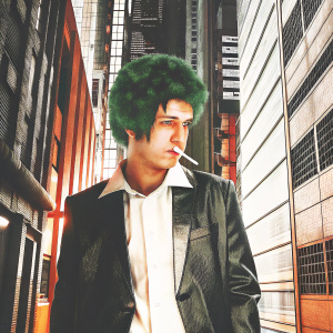 Spike Spiegel, with green hair and cigarette, standing in a neon-lit alleyway. Background is a cyberpunk cityscape with futuristic billboards.