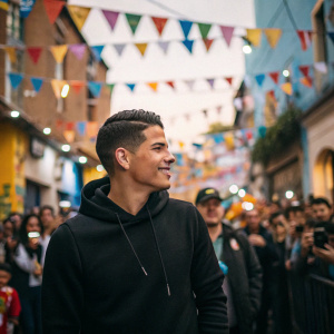 James Rodríguez, in a casual black hoodie, mingling with fans. Street festival atmosphere, colorful banners and lively crowds.