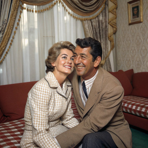 Dean Martin and Jeanne Biegger, a loving couple, captured in a cozy setting. The room is adorned with intricate drapery and a checkered rug.