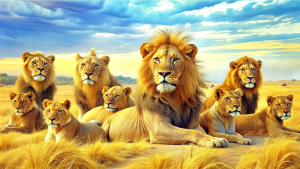 color photo of a pride of lions lazily relaxing in the vast savanna. The scene is a serene tableau of power and tranquility as the majestic lions recline under the warm African sun. The subjects of the photo are a group of lions, led by a magnificent male with a flowing mane, surrounded by lionesses and their playful cubs. The environment is a sweeping savanna, with golden grasses swaying in the gentle breeze and scattered acacia trees providing shade. The mood of the scene is peaceful and regal