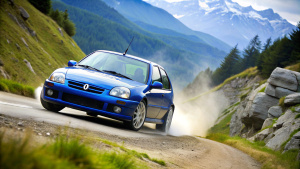 Un Renault Clio 16v de rally de color azul trazando una curva en una carretera de montaña