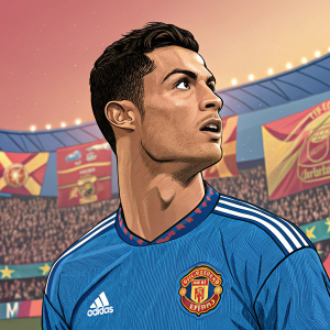 Digital illustration of Cristiano Ronaldo in cartoon style. Wearing a blue jersey with club logos. Vibrant stadium background
