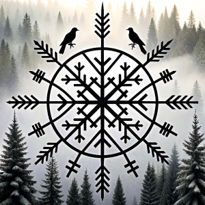 Yggdrasil vegvisir runes  geometric Symbols - raven and trees - perfect realistic art, high-definition, high-definition grey and black, white background 