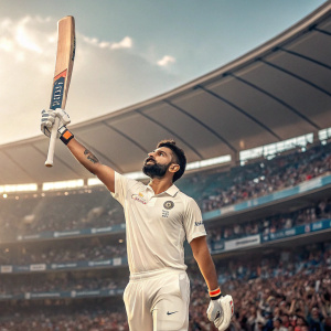 Virat Kohli, Indian cricketer, striking a powerful pose with cricket bat in stadium. Crowd in background