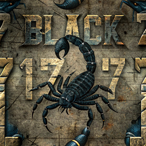 escorpión negro con el numero 17 y una leyenda que diga Black Scorpio