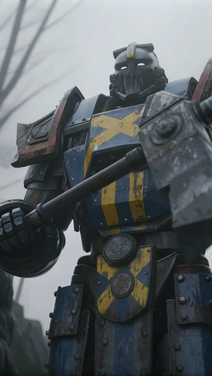 "A Swedish war robot in blue and yellow, inspired by Viking warriors, with a massive axe and rugged, battle-worn armor."