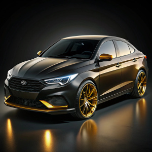 Car LADA VESTA, on a black background, photorealistic, black color, tuning, dark golden rims on wheels.