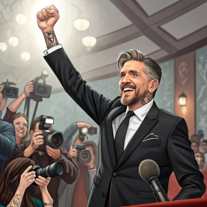 Craig Ferguson, tattooed and sharply dressed in a black suit, celebrating at a press conference. His fist is raised triumphantly.