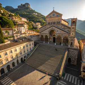 Aerial view of Cattedrale di Sant'Andrea, Amalfi, Italy. Sunlight casting shadows on the stone stairs leading to the entrance of the cathedral. Archways and the facade in the background.