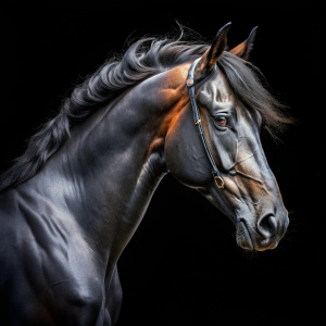 Cabeza de caballo negro de perfil, sobre un fondo negro
