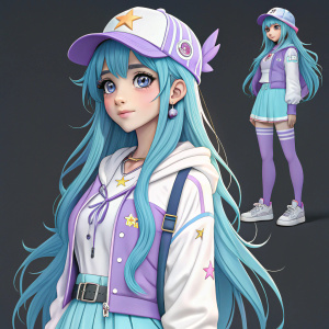 Digital art of Luna Amagiri, a young female anime character. Long blue hair, youthful and vibrant appearance. Multiple poses and angles, detailed attire and accessories. Color palette of pastel and bright hues, featuring blue, white, and purple tones. Against a dark, neutral background.