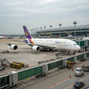 Airbus A380 of Thai Airways, white with purple tail, parked at airport gate. Crowded terminal and jetway in background.