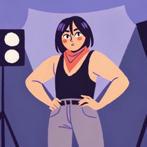Mikasa Ackerman standing in studio, black tank top, red scarf. Bright studio lights, clean background
