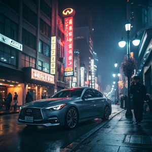 Infiniti Q50 parked in a bustling cityscape. Neon signs and crowded streets. Nighttime lighting enhancing the car's modern design.