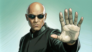Morpheus, Matrix, black glasses, left hand extended, palm facing the camera, signaling to stop!